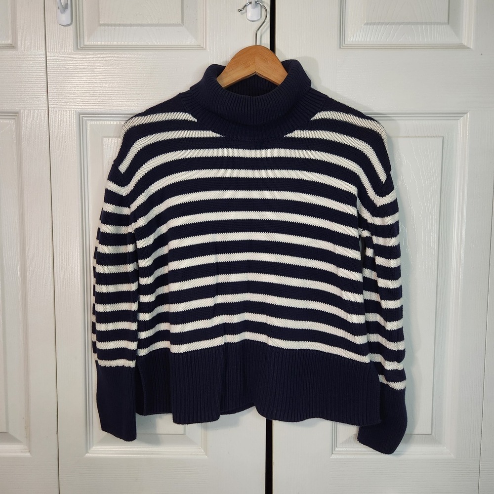 GAP Navy Blue White Striped Turtleneck Cotton Sweater SM Nautical Preppy Coastal